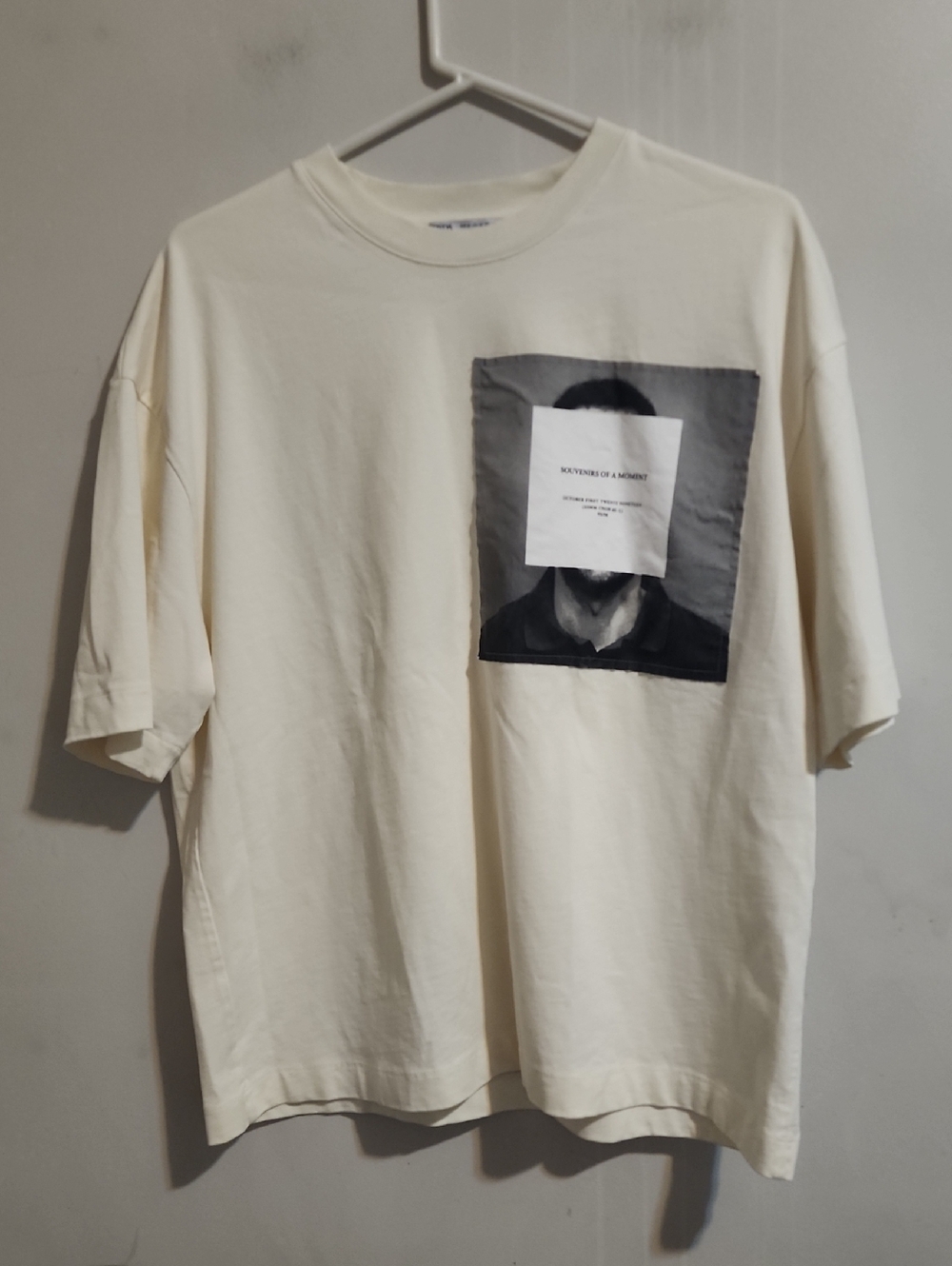 Zara Cream Short-Sleeve Tee with Monochrome Portrait Patch.  New Without Tag
